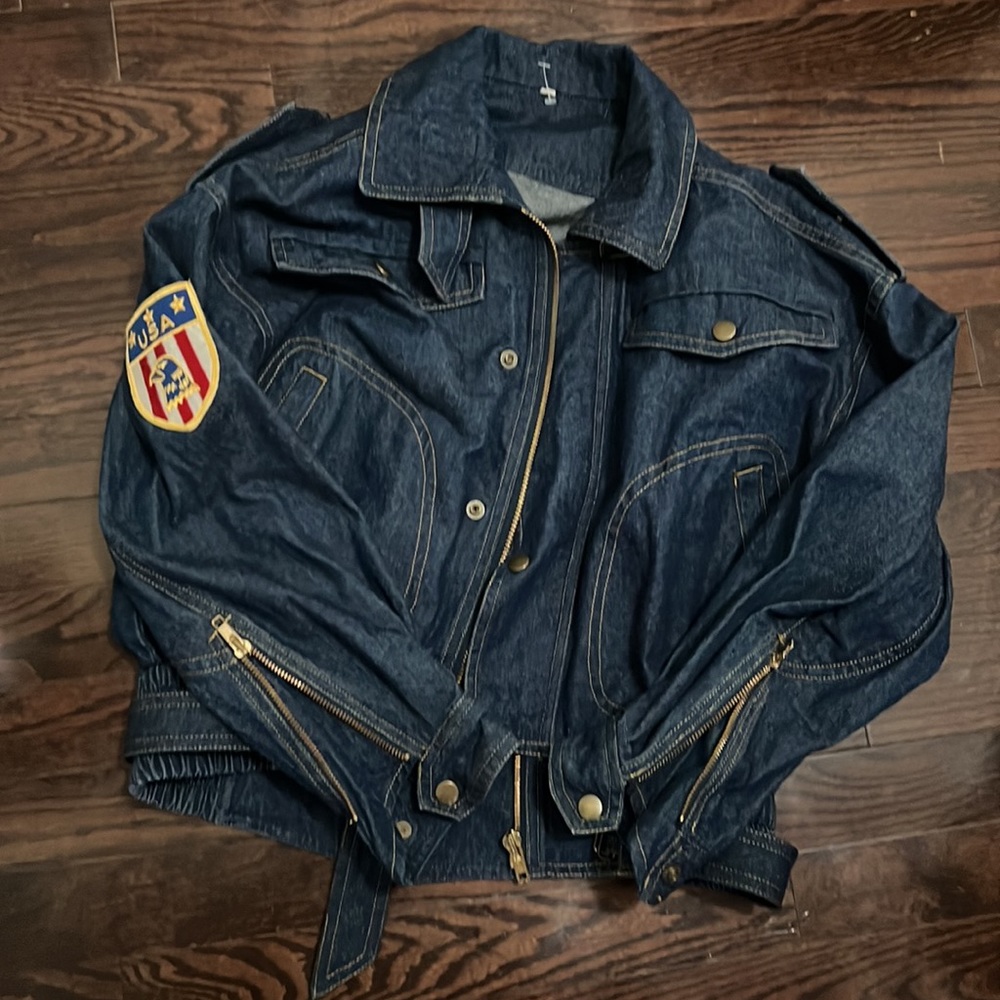 Vintage Yamaha Motor Riding Trucker Jeans Utility Cropped Jacket Size Small - Picture 15 of 16